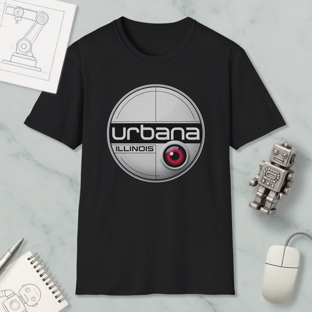 a black t-shirt with a circular logo, a red eye, and the text "urbana illinois" printed on it. The t-shirt is placed on a marble surface, surrounded by various objects such as a computer mouse, a notebook, and a small robot.