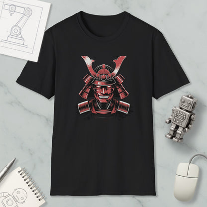 a black t-shirt with a graphic design of a red and black warrior helmet, along with a small robot and a notebook.