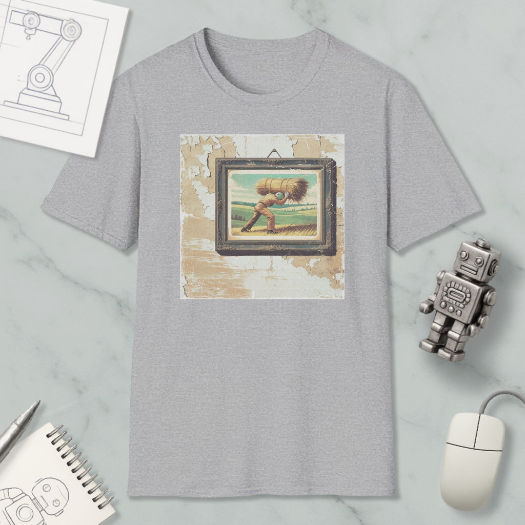 a gray t-shirt with a framed painting of a man carrying a large bundle on his back, surrounded by various objects such as a computer mouse, a robot, and a notebook.