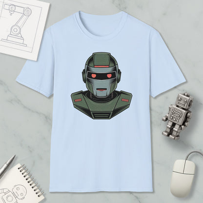 a light blue t-shirt with a graphic of a robot or robot-like character on it, along with various objects such as a computer mouse, a notebook, and a pen.