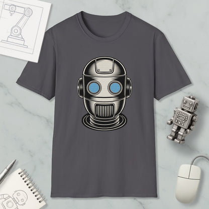 a gray t-shirt with a graphic of a robot or robot head, along with a small robot figurine and a computer mouse.
