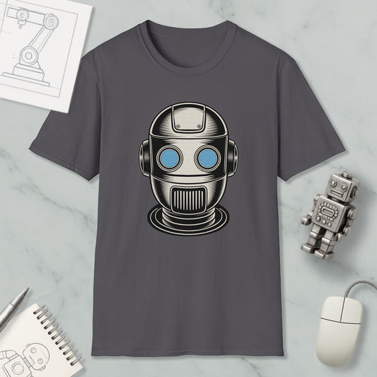 a gray t-shirt with a graphic of a robot or robot head, along with a small robot figurine and a computer mouse.