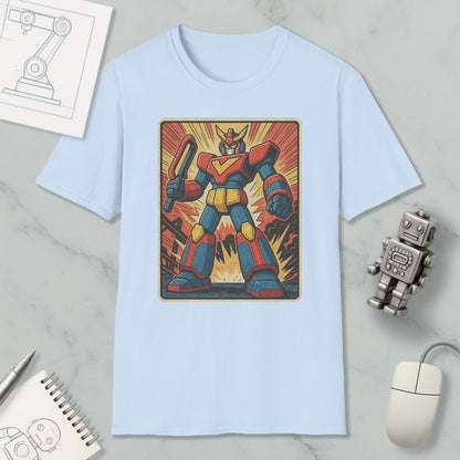 a light blue t-shirt with a colorful graphic of a robot or character, along with various objects such as a computer mouse, a notebook, and a pen.