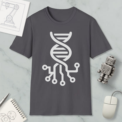 a gray t-shirt with a white graphic design depicting a DNA double helix, surrounded by various objects such as a computer mouse, a notebook, and a robot.