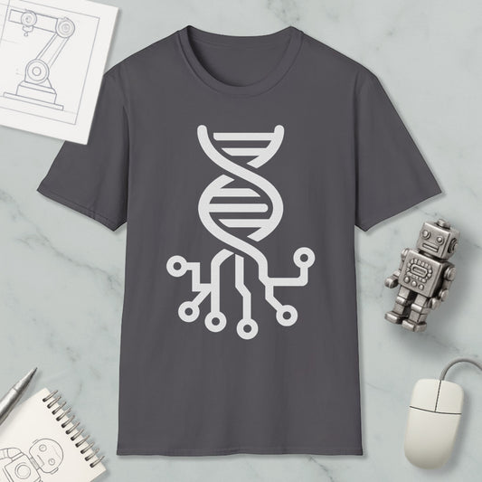 a gray t-shirt with a white graphic design depicting a DNA double helix, surrounded by various objects such as a computer mouse, a notebook, and a robot.