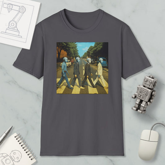 a gray t-shirt with a graphic design depicting four people walking on a crosswalk, with a robot figure and other objects in the background.