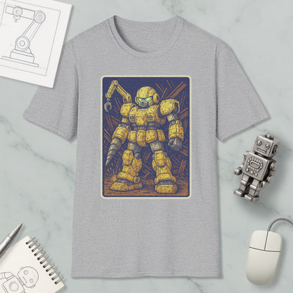 a gray t-shirt with a graphic of a yellow robot or robot-like figure, along with various objects such as a computer mouse, a pen, and a notebook.