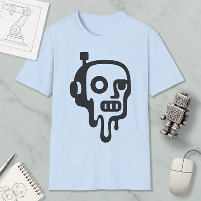 a light blue t-shirt with a black graphic design depicting a robot or robot-like figure with dripping or melting features. The t-shirt is placed on a marble surface, along with a small robot figurine and a computer mouse.