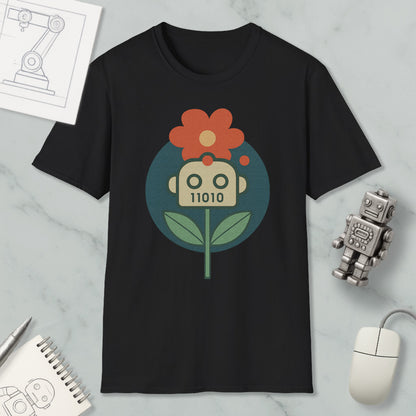 a black t-shirt with a graphic design of a flower and a robot, along with various objects such as a computer mouse, a notebook, and a robot figurine.