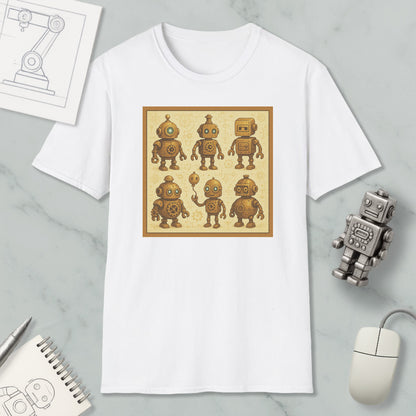 a white t-shirt with a square graphic design of six cartoon-like robots, each with unique features and poses. The t-shirt is placed on a marble surface, surrounded by various objects such as a computer mouse, a pen, and a notebook.