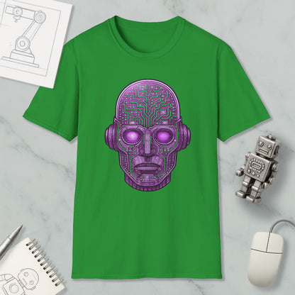 a green t-shirt with a purple robot or robot-like face design on it, along with various objects such as a computer mouse, a notebook, and a pen.