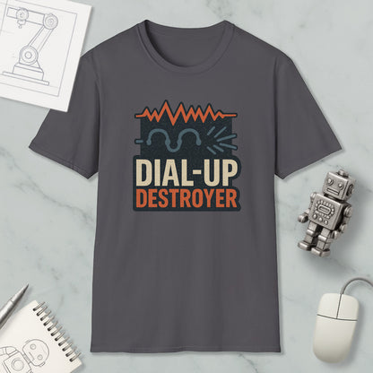 a gray t-shirt with a graphic design, a computer mouse, a notebook, and a small robot on a marble surface.