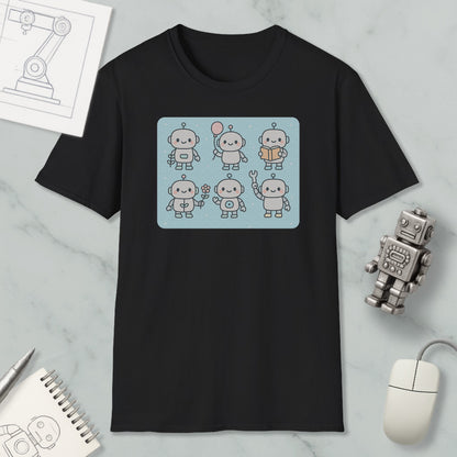 a black t-shirt with a graphic design of six cute robot characters, each with a unique pose and accessory. The t-shirt is displayed on a marble surface, along with a computer mouse, a notepad, and a small robot figurine.