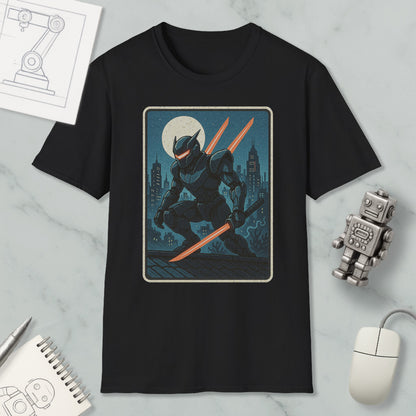 a black t-shirt with a graphic design depicting a robot or character holding a sword and standing on a rooftop at night. The design is surrounded by various objects, including a mouse, a notebook, and a robot figurine.