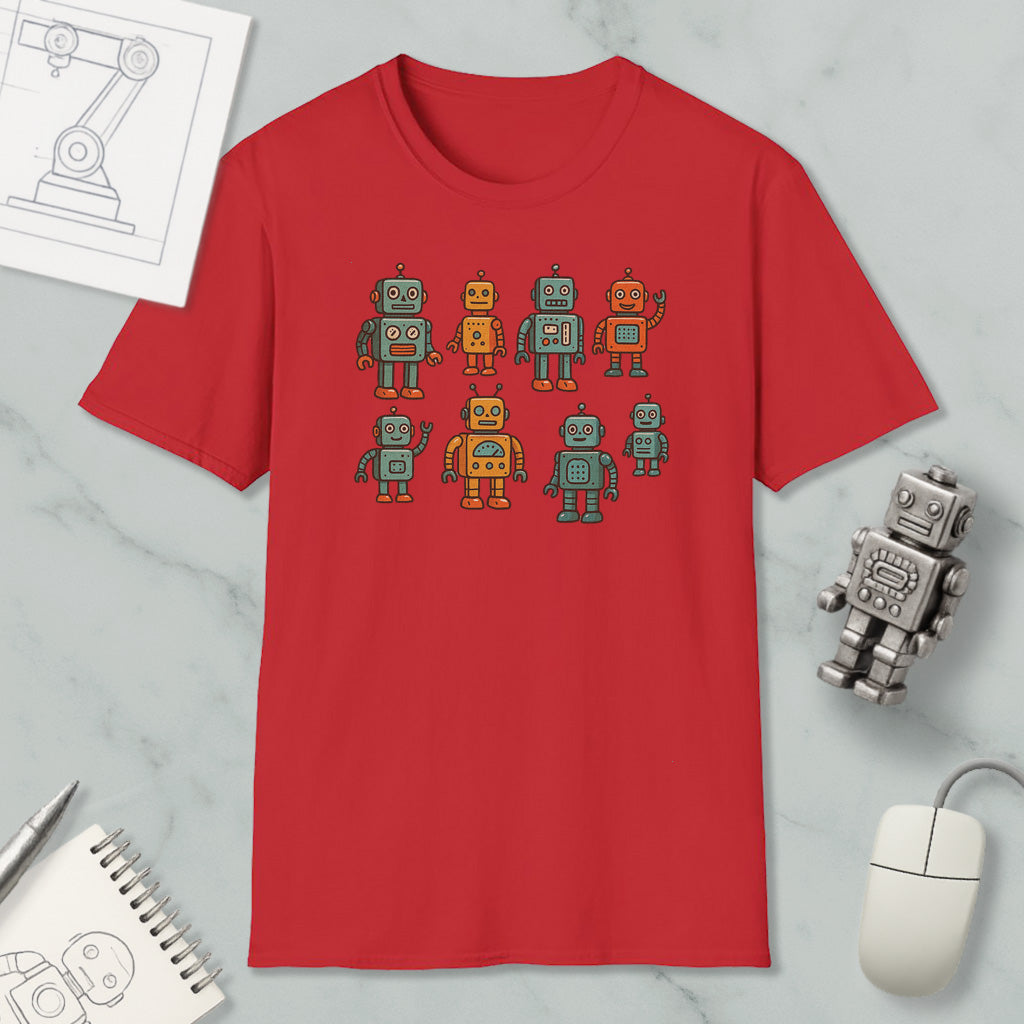 a red t-shirt with a graphic design of eight colorful robots, including a robot with a yellow body and a robot with a blue body. The t-shirt is displayed on a marble surface, along with a computer mouse, a notepad, and a pen.