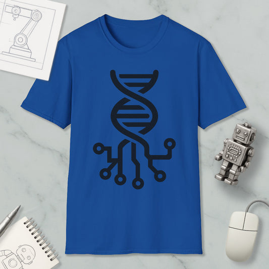a blue t-shirt with a black graphic design, a computer mouse, a notebook, and a small robot on a marble surface.