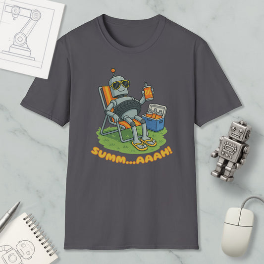 a gray t-shirt with a cartoon robot sitting in a chair and holding a drink, accompanied by the text "SUMM...AAAH!"