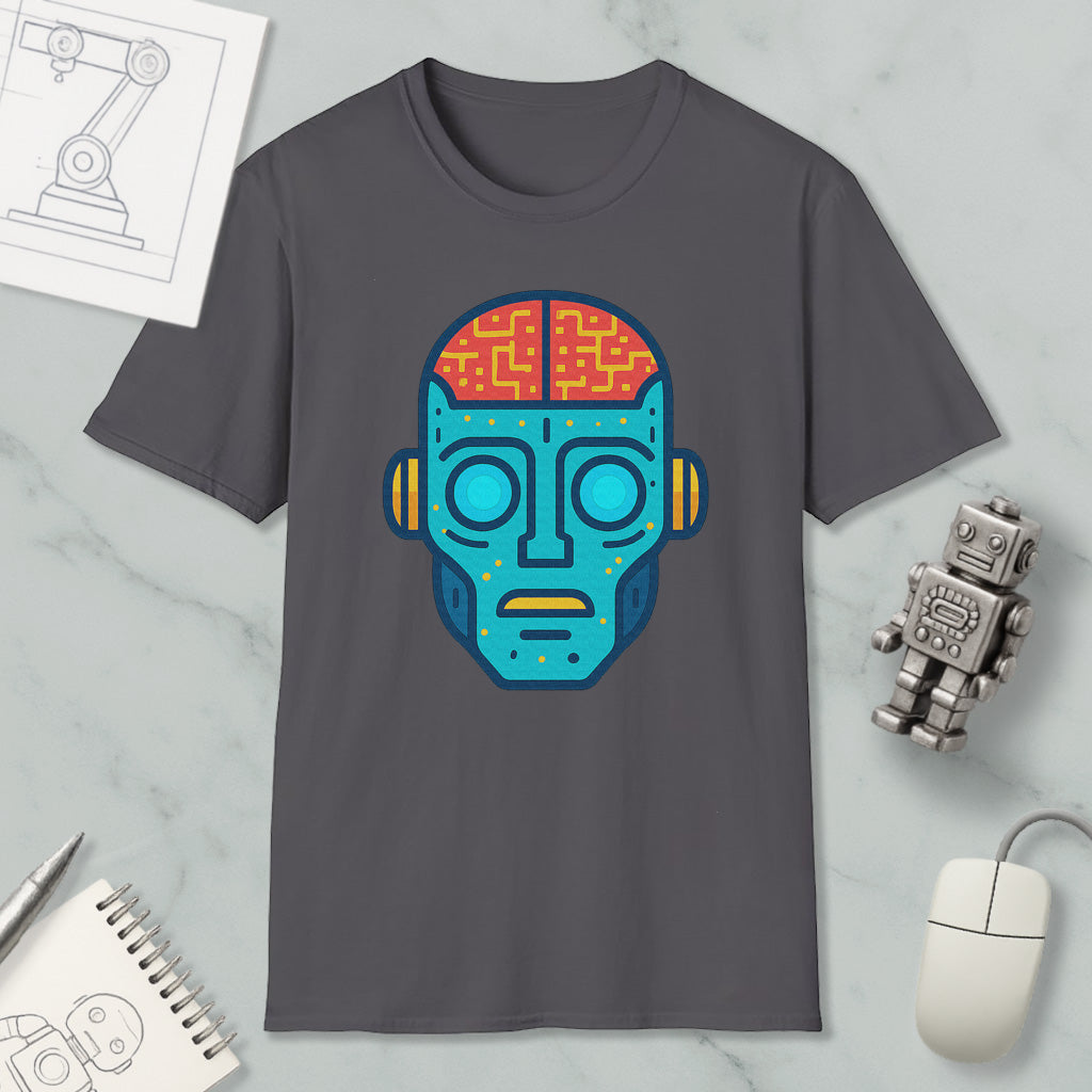 a gray t-shirt with a colorful graphic of a robot or humanoid face, along with various objects such as a computer mouse, a notebook, and a pen.