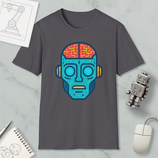 a gray t-shirt with a colorful graphic of a robot or humanoid face, along with various objects such as a computer mouse, a notebook, and a pen.