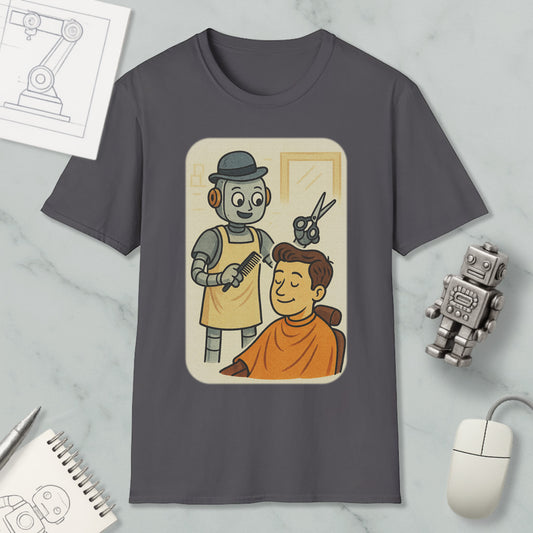 a t-shirt with a cartoon illustration of a robot barber cutting a man's hair, accompanied by a robot toy and a computer mouse.