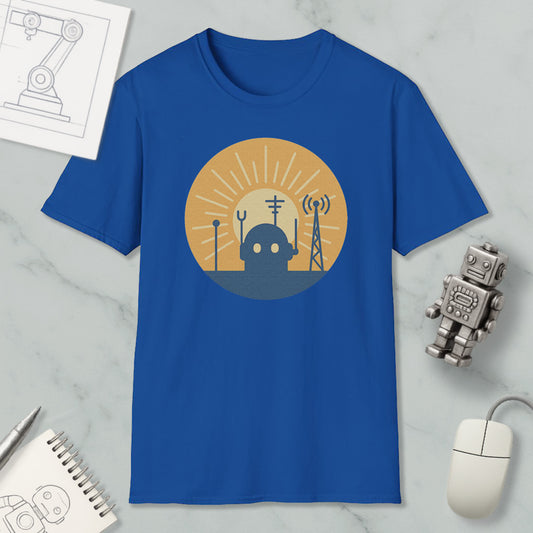 a blue t-shirt with a graphic design depicting a robot and various technological elements, such as a tower and antenna, set against a sun-like background.