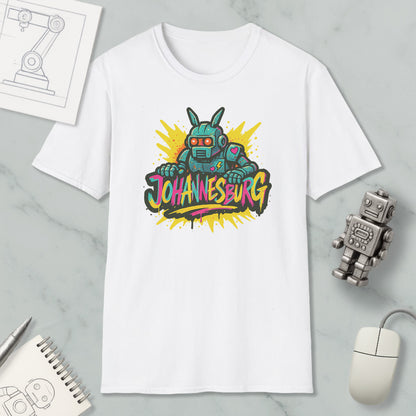 a white t-shirt with a colorful graphic design, including a robot and the text "Johannesburg". The t-shirt is placed on a marble surface, along with a computer mouse, a pen, and a notebook.