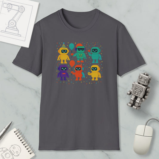 a gray t-shirt with a colorful graphic of eight cartoon-like robots, each with unique features and accessories. The t-shirt is displayed on a marble surface, along with a computer mouse, a notepad, and a small robot figurine.