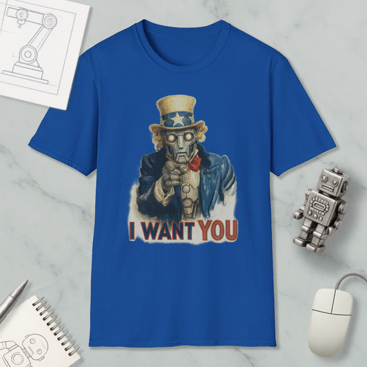 a blue t-shirt with a graphic of a robot character and the text "I WANT YOU" printed on it.