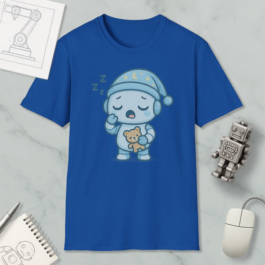 a blue t-shirt with a cartoon robot wearing a blue hat and holding a teddy bear, along with a computer mouse and a notebook.