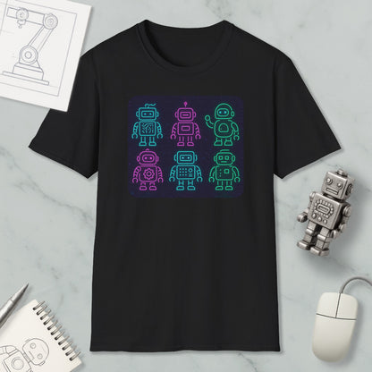 a black t-shirt with a graphic design of six robot characters in various poses, including one waving and one with a head. The t-shirt is displayed on a marble surface, along with a computer mouse, a notepad, and a pen.