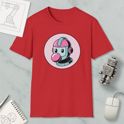 a red t-shirt with a cartoon robot graphic, along with a computer mouse, a notebook, and a pen on a marble surface.