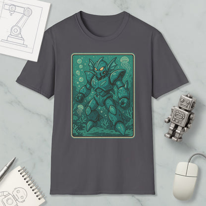 a gray t-shirt with a graphic design depicting a green armored robot or character, surrounded by bubbles and marine life, such as jellyfish. The t-shirt is placed on a marble surface, along with a computer mouse, a notepad, and a small robot figurine.