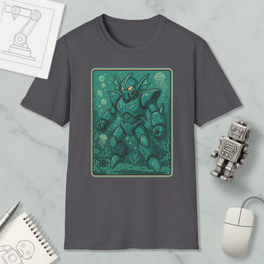 a gray t-shirt with a graphic design depicting a green armored robot or character, surrounded by bubbles and marine life, such as jellyfish. The t-shirt is placed on a marble surface, along with a computer mouse, a notepad, and a small robot figurine.