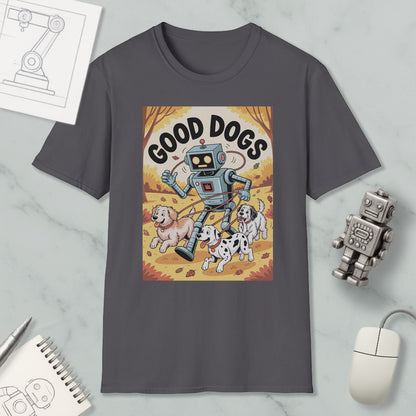 a gray t-shirt with a graphic design depicting a robot walking with three dogs, accompanied by the text "GOOD DOGS".