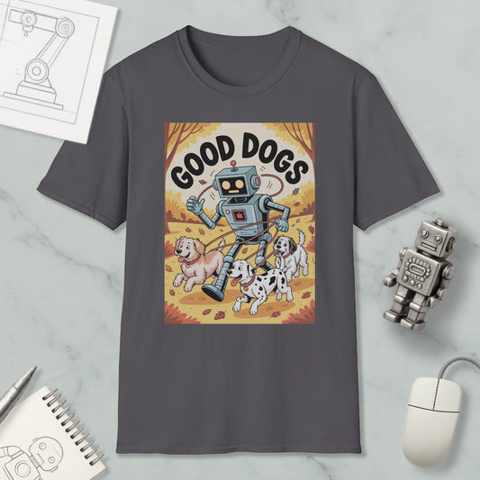 a gray t-shirt with a graphic design depicting a robot walking with three dogs, accompanied by the text "GOOD DOGS".