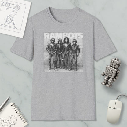 a gray t-shirt with a black and white graphic of four people, along with a computer mouse and a notebook.