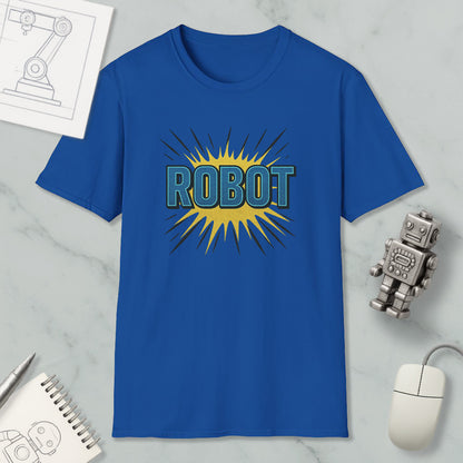 a blue t-shirt with a graphic design of a robot and rays emanating from it, along with a computer mouse and a notebook.