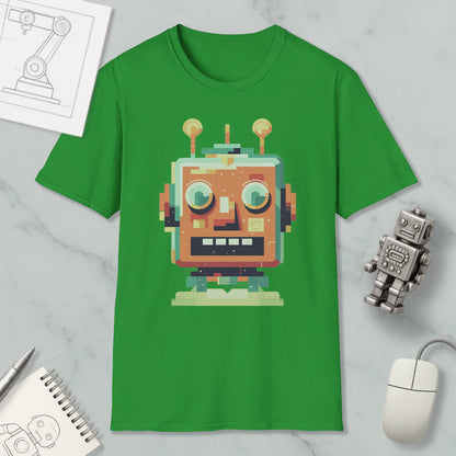 a green t-shirt with a robot design, along with a computer mouse, a notebook, and a pen on a marble surface.