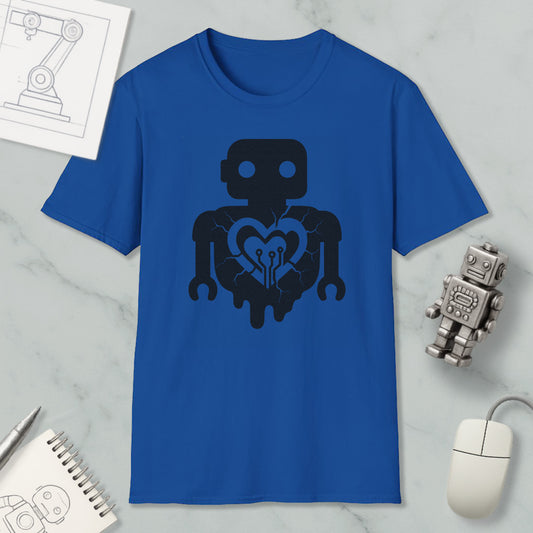 a blue t-shirt with a graphic design of a robot or robot-like figure, along with a computer mouse and a notebook.