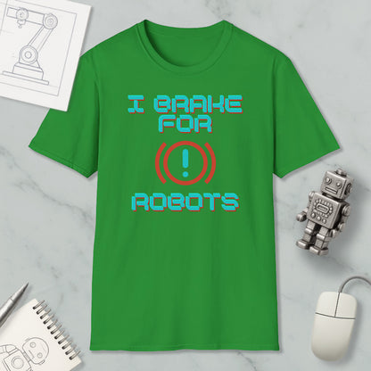 a green t-shirt with the text "I Brake for Robots" printed on it, along with a robot figure and a computer mouse.