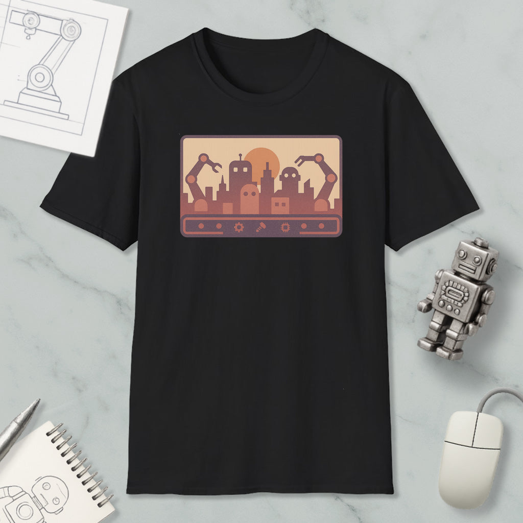 a black t-shirt with a graphic design depicting a city skyline with robotic arms, along with a computer mouse and a notebook.