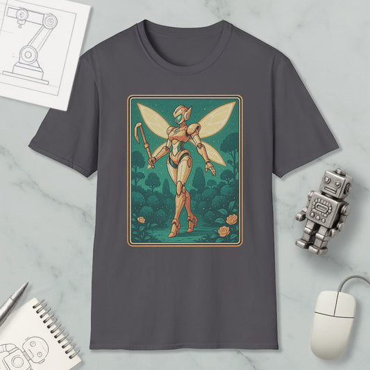 a gray t-shirt with a graphic design depicting a fairy-like robot or character with wings, standing in a forest-like setting. The t-shirt is displayed on a marble surface, along with a computer mouse, a notebook, and a small robot figurine.