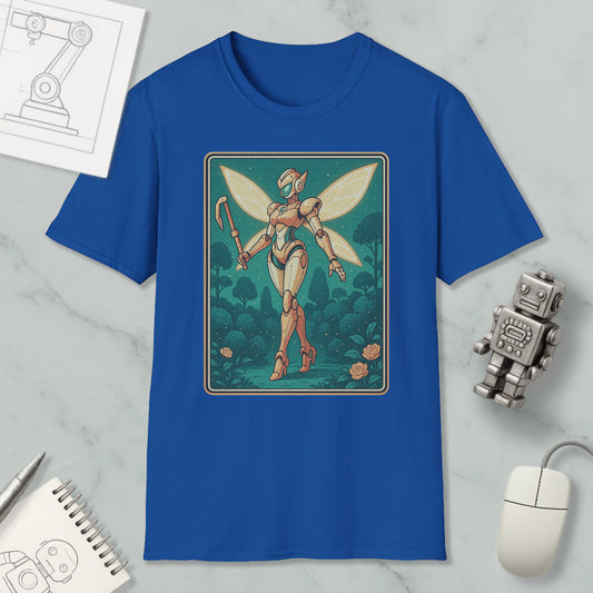 a blue t-shirt with a graphic design depicting a fairy-like robot or character, surrounded by a forest scene. The t-shirt is placed on a marble surface, along with a computer mouse, a notepad, and a small robot figurine.
