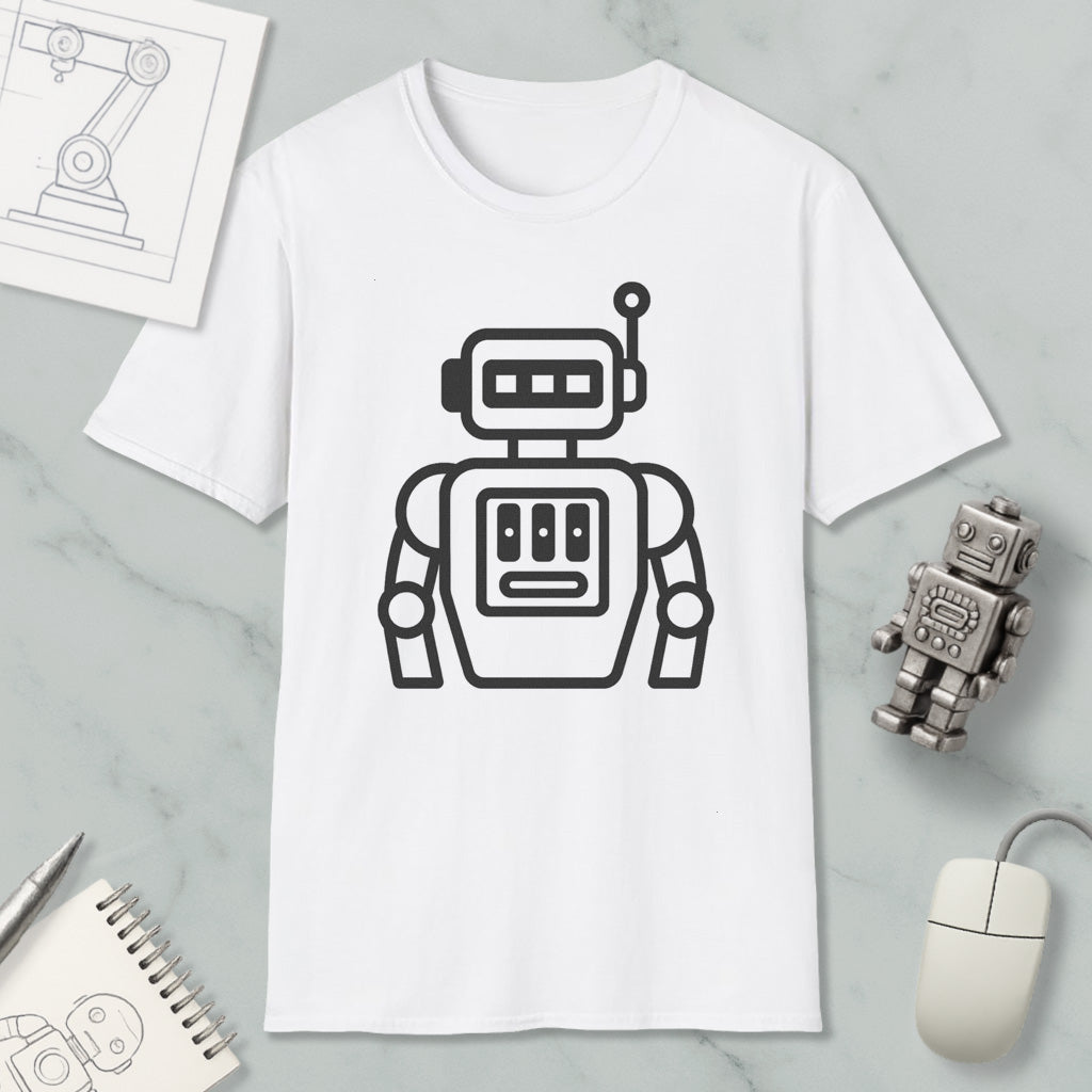 a white t-shirt with a black robot graphic printed on it, along with a computer mouse and a notebook.