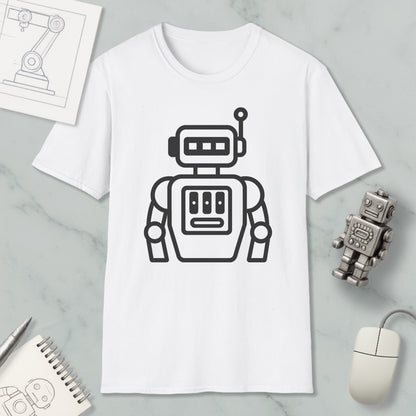 a white t-shirt with a black robot graphic printed on it, along with a computer mouse and a notebook.
