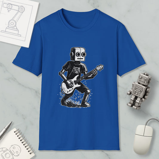 a blue t-shirt with a graphic of a robot playing a guitar, along with a computer mouse and a notebook.