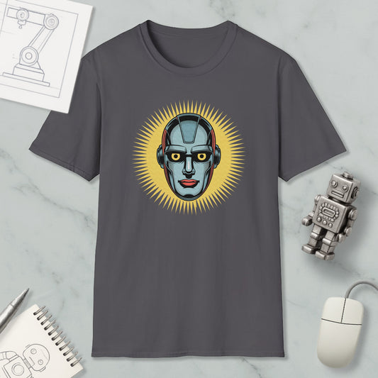 a gray t-shirt with a graphic design of a robot's face, surrounded by a yellow sunburst pattern. The t-shirt is placed on a marble surface, with a computer mouse, a notebook, and a small robot figurine nearby.