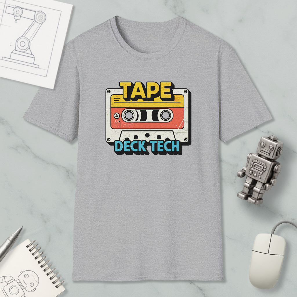 a gray t-shirt with a graphic design of a cassette tape and the text "TAPE Deck Tech" printed on it, along with a robot and a computer mouse.
