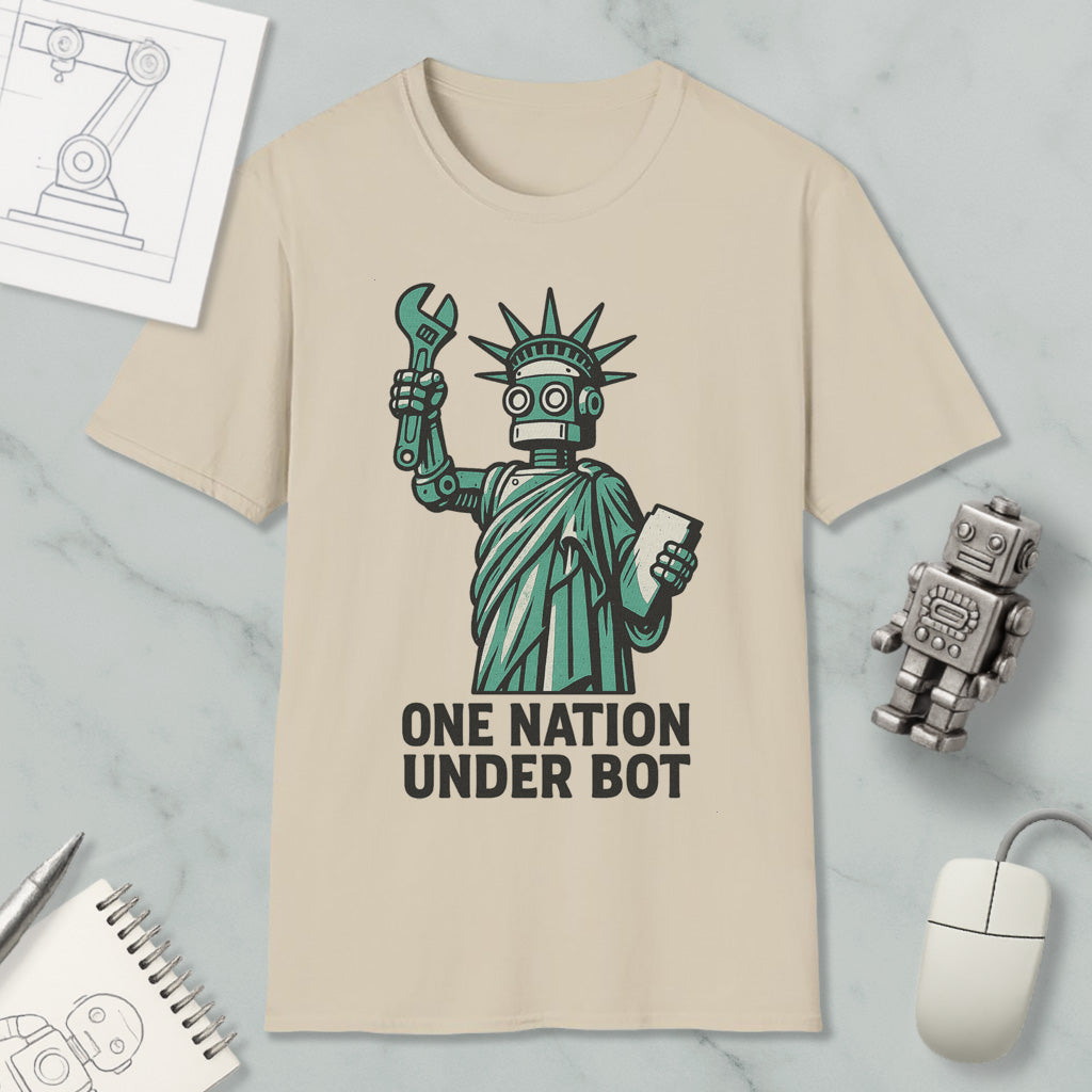 a t-shirt with a graphic design depicting a robot figure holding a wrench and a tablet, accompanied by the text "ONE NATION UNDER BOT".