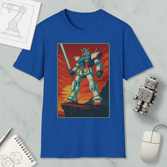 a blue t-shirt with a graphic of a robot or mechanical figure, along with a computer mouse and other office supplies.